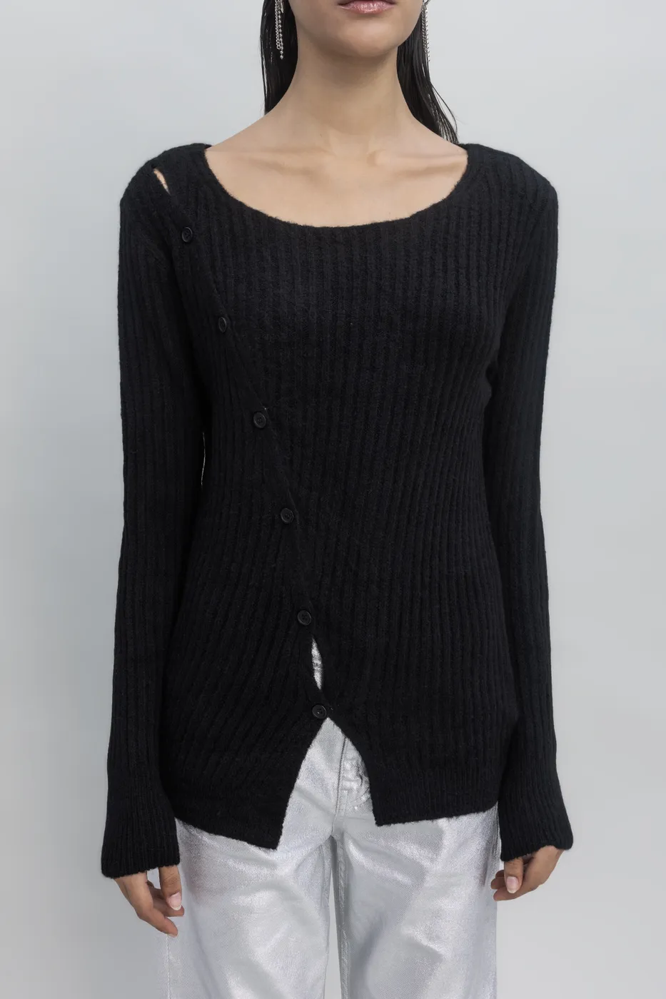 Bayan Siyah Düğme Detaylı Triko