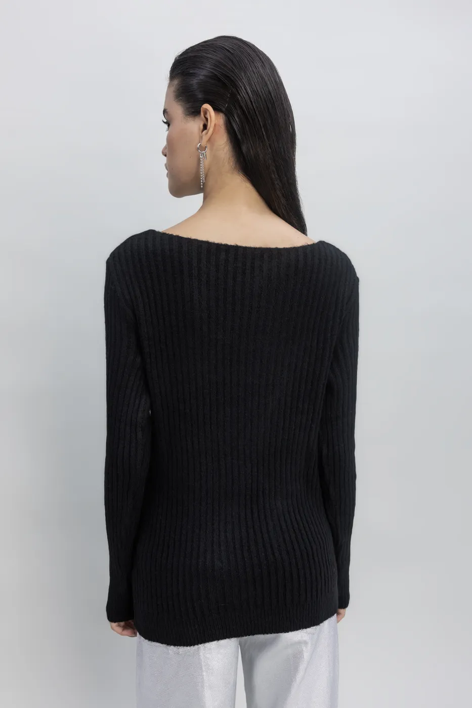 Bayan Siyah Düğme Detaylı Triko