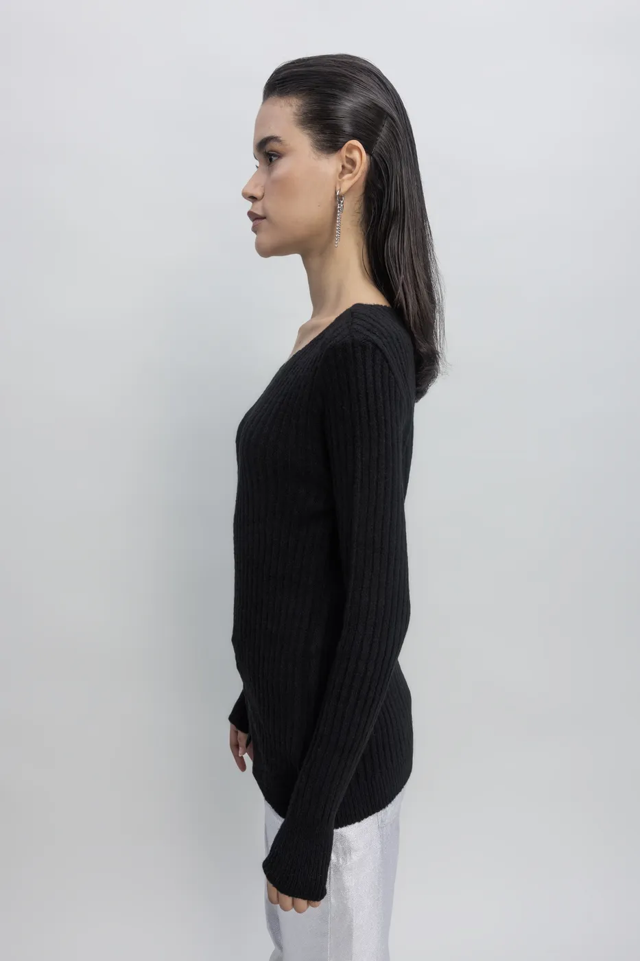 Bayan Siyah Düğme Detaylı Triko