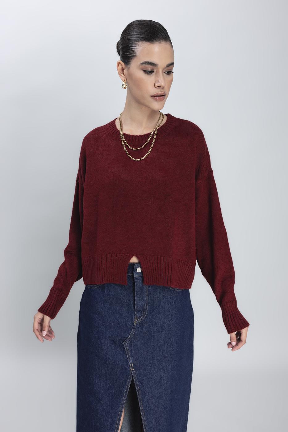 Bayan Bordo Basic Triko Kazak