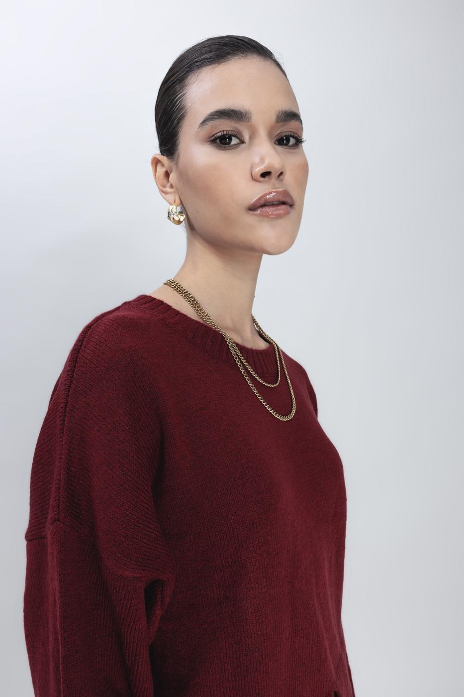 Bayan Bordo Basic Triko Kazak