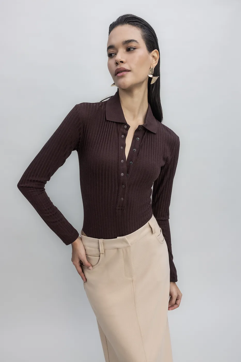 Bayan Kahverengi Örgü Yakalı Bodysuit