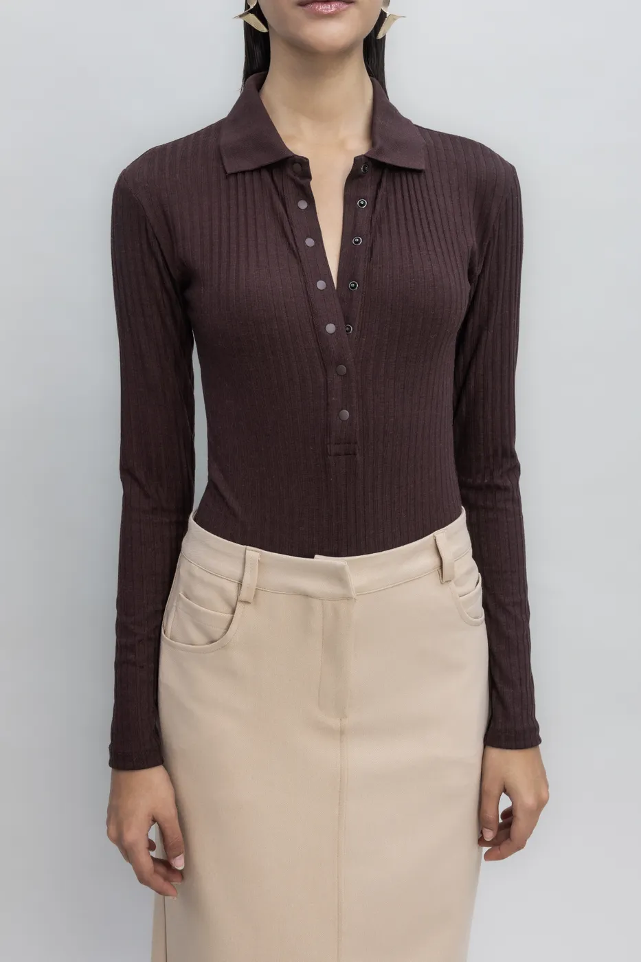 Bayan Kahverengi Örgü Yakalı Bodysuit