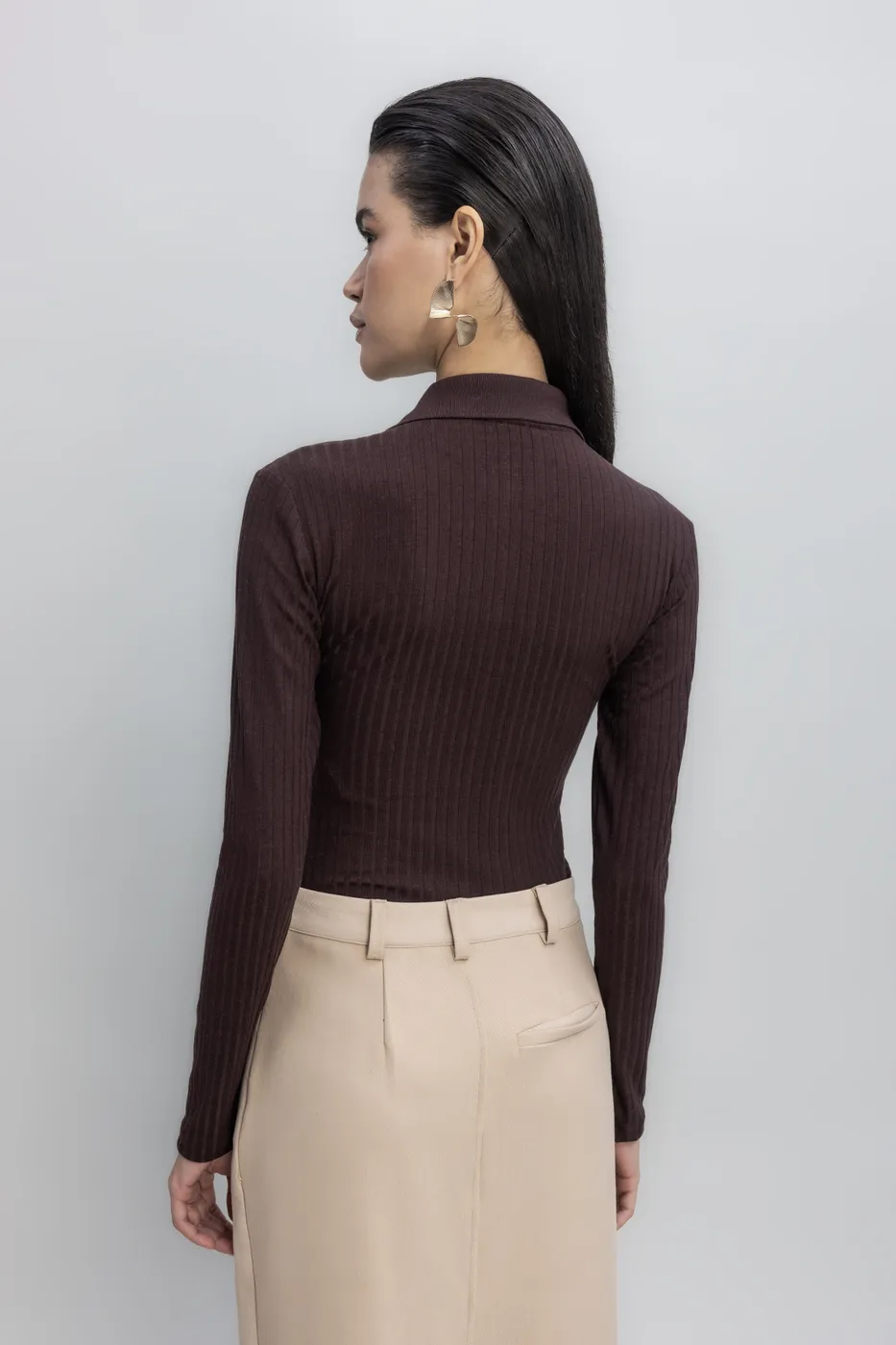 Bayan Kahverengi Örgü Yakalı Bodysuit