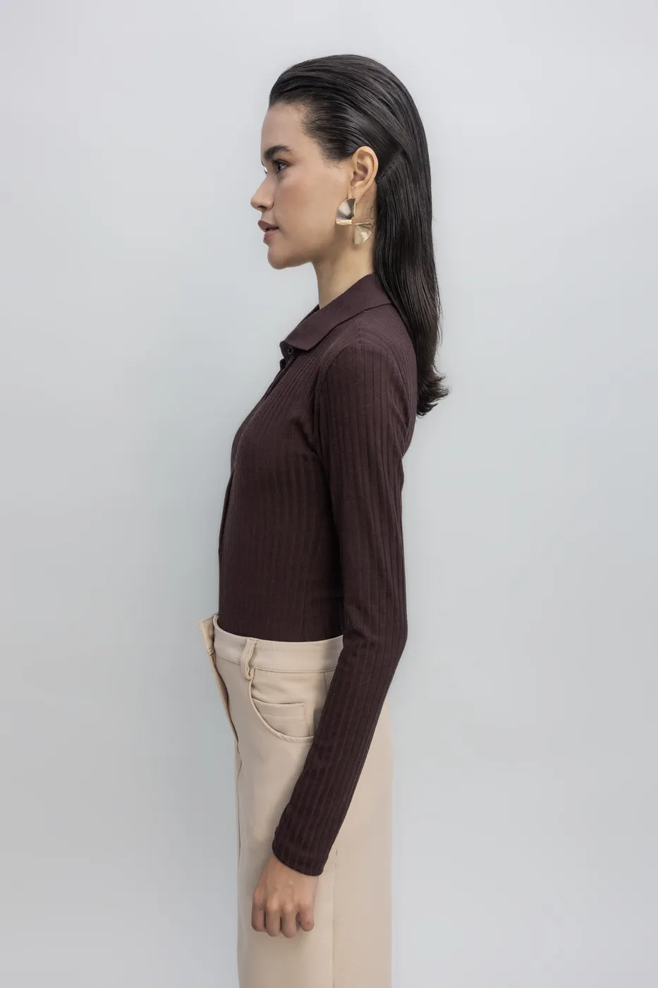 Bayan Kahverengi Örgü Yakalı Bodysuit