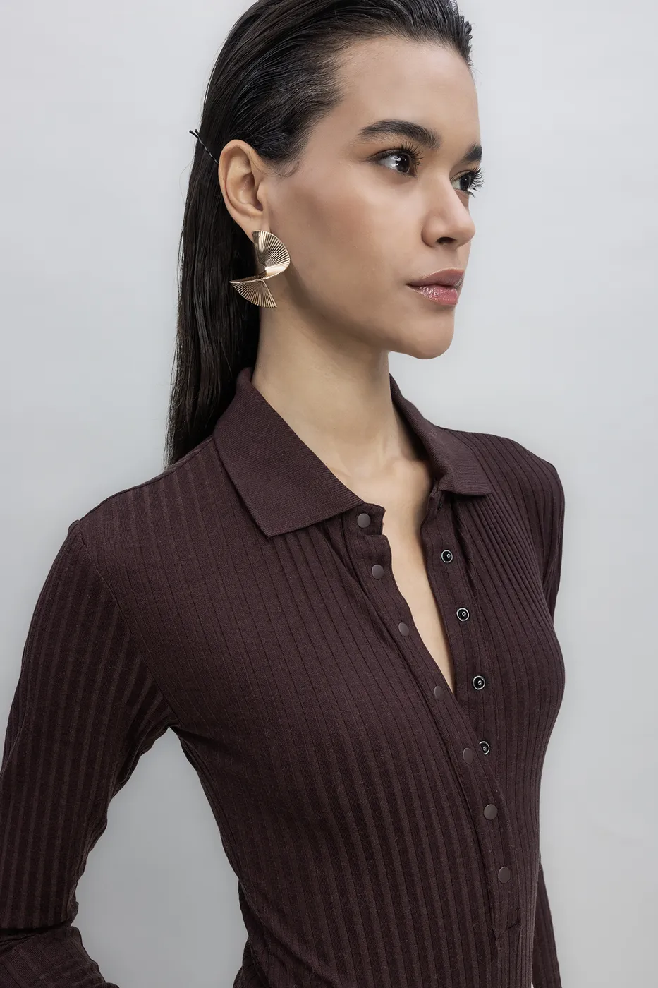 Bayan Kahverengi Örgü Yakalı Bodysuit