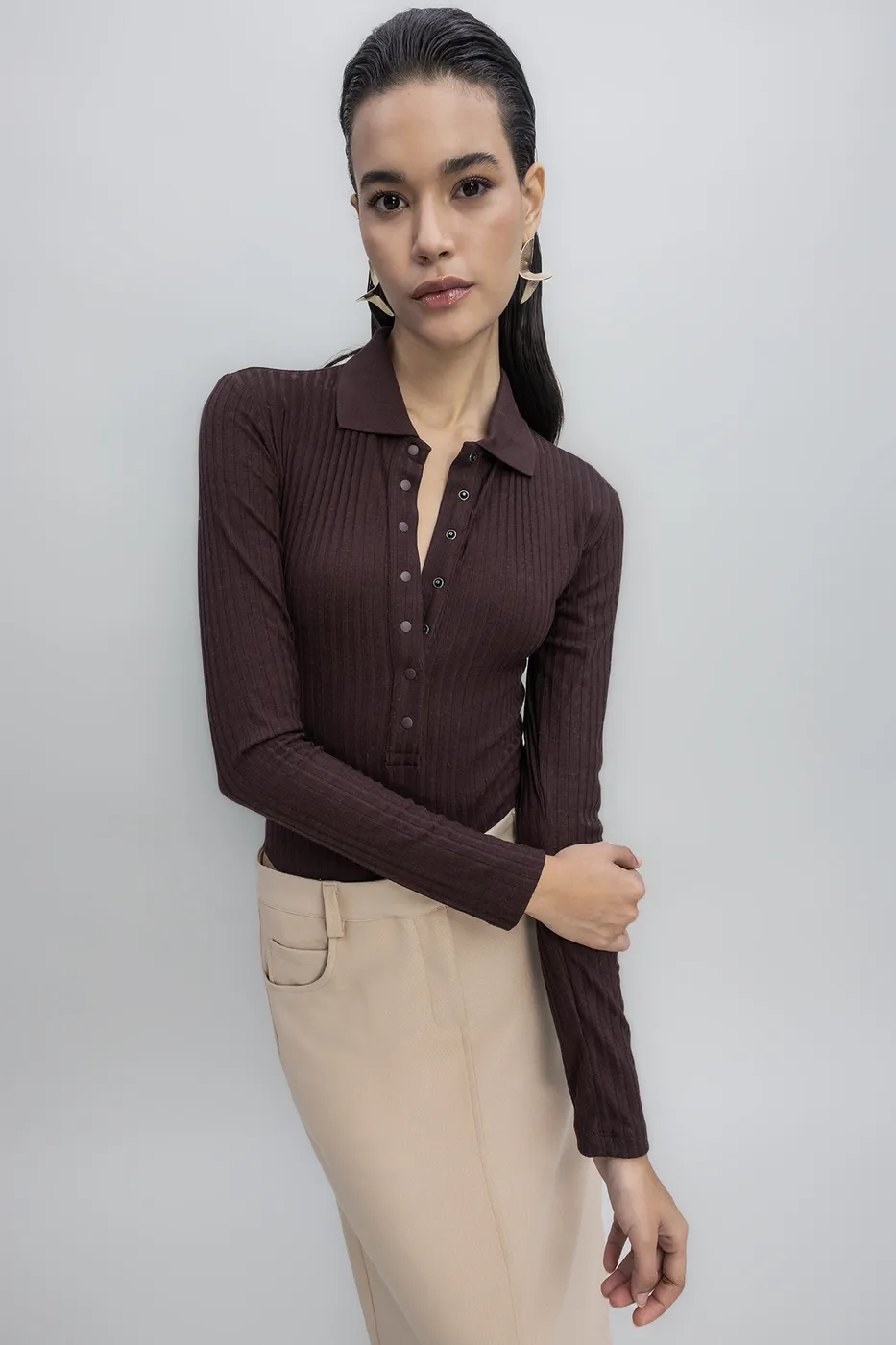 Bayan Kahverengi Örgü Yakalı Bodysuit