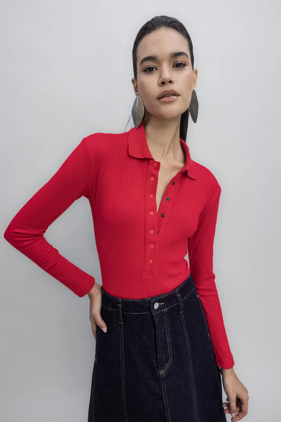 Bayan Kırmızı Örgü Yakalı Bodysuit