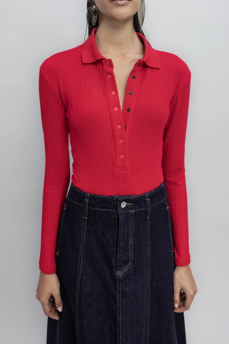 Bayan Kırmızı Örgü Yakalı Bodysuit