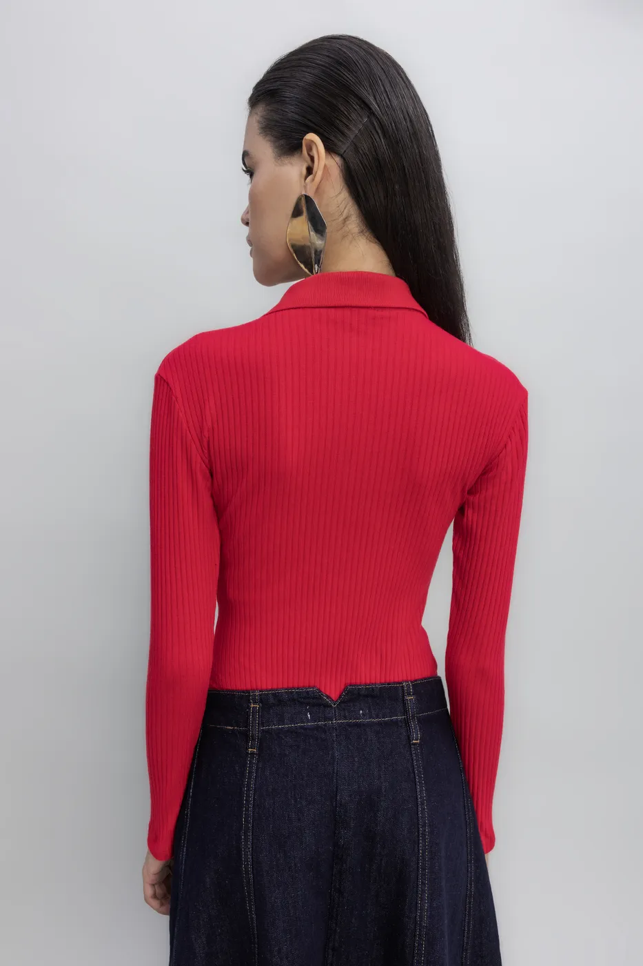 Bayan Kırmızı Örgü Yakalı Bodysuit