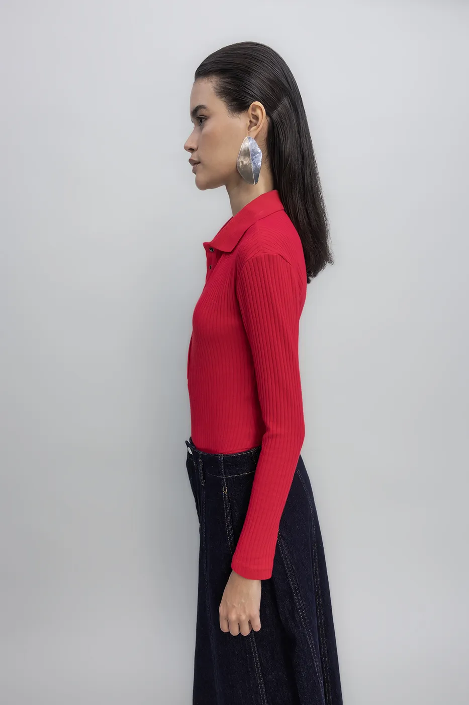 Bayan Kırmızı Örgü Yakalı Bodysuit