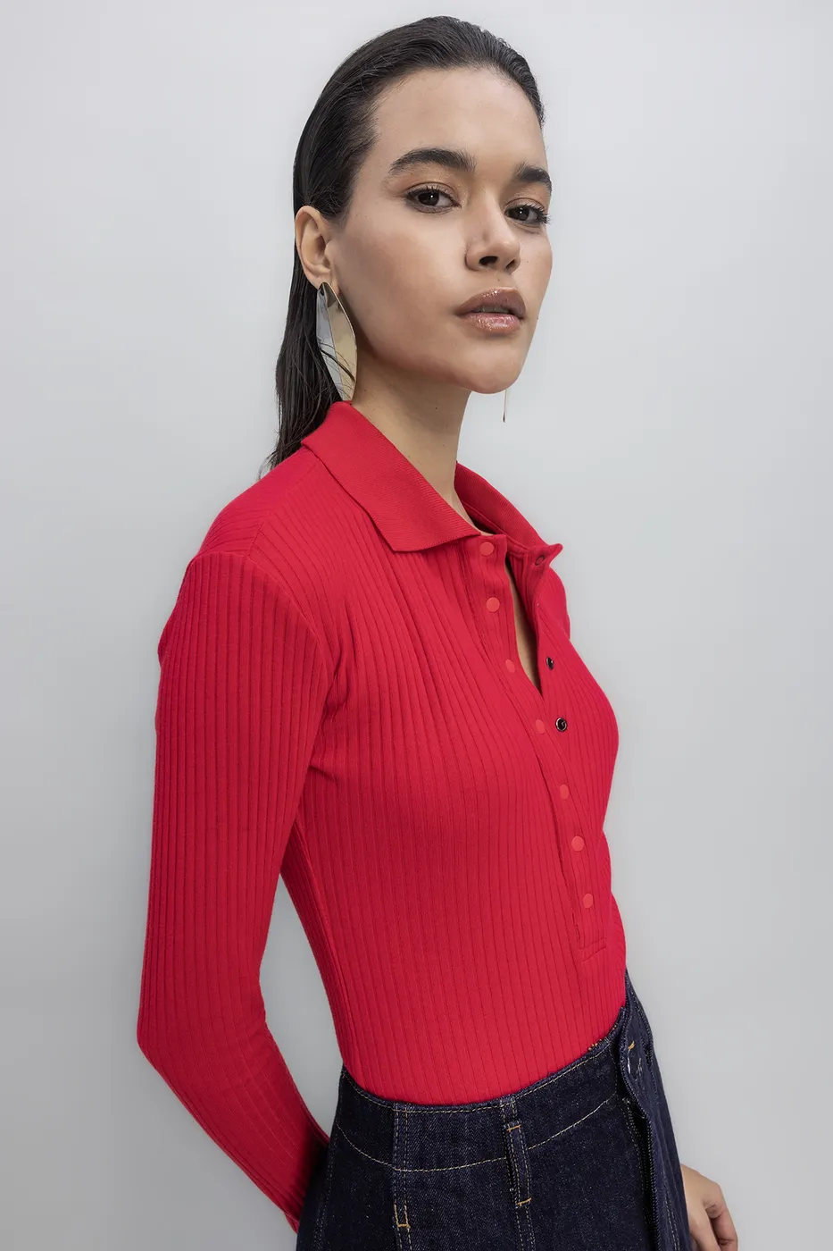 Bayan Kırmızı Örgü Yakalı Bodysuit