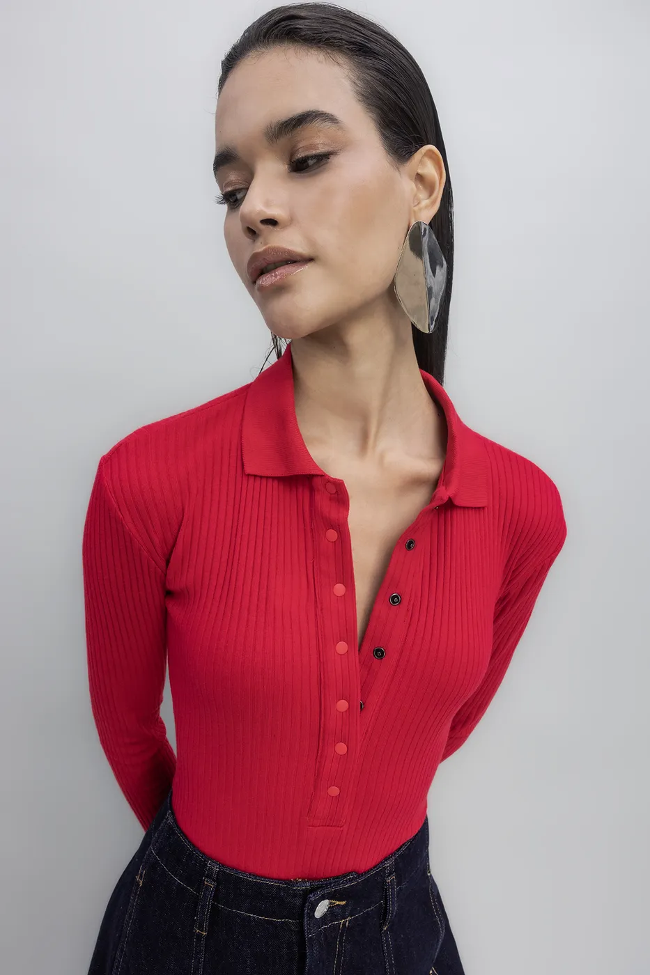 Bayan Kırmızı Örgü Yakalı Bodysuit