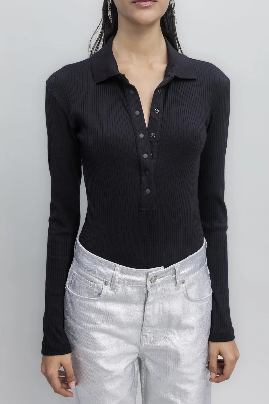 Bayan Siyah Örgü Yakalı Bodysuit