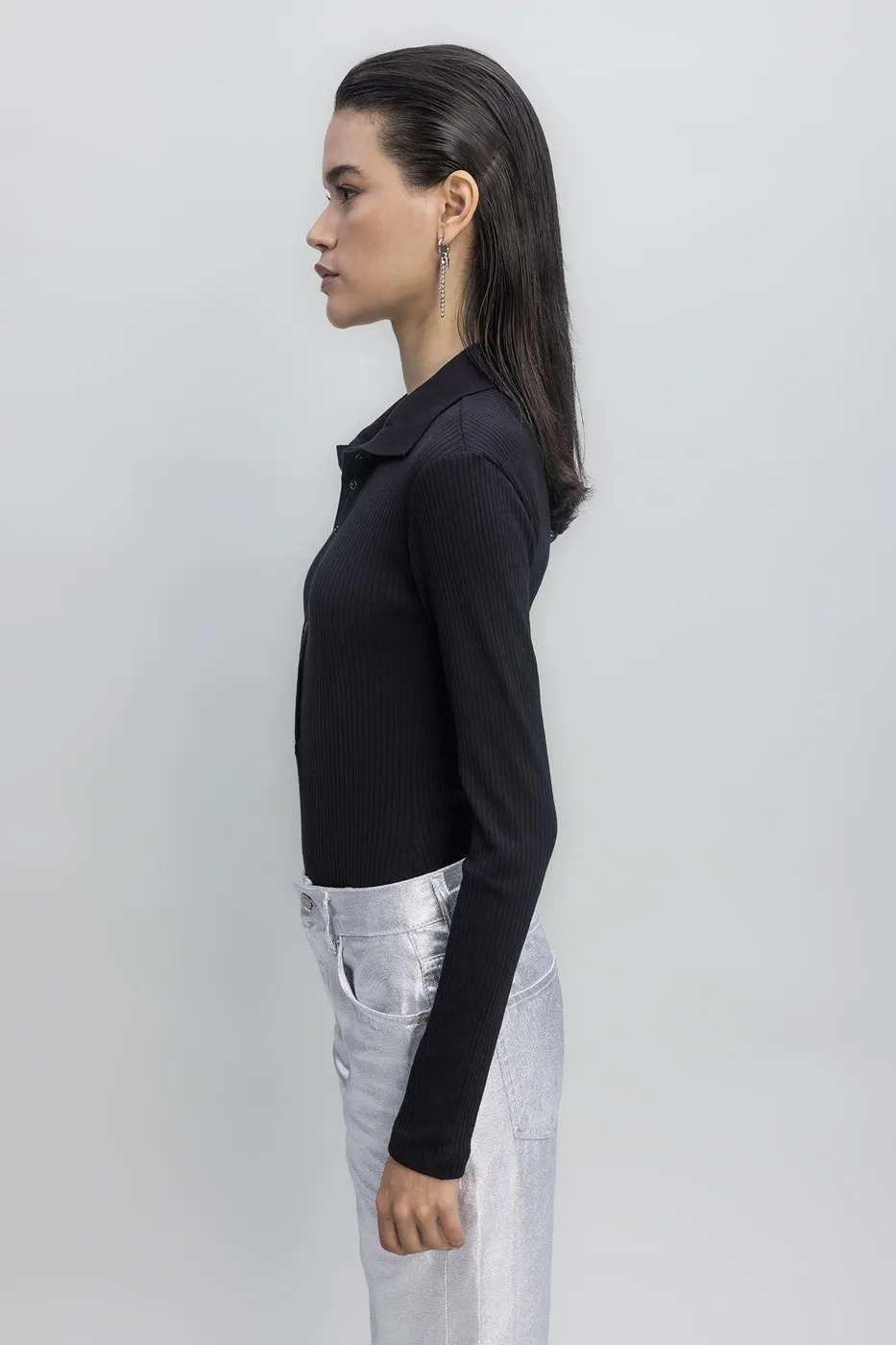 Bayan Siyah Örgü Yakalı Bodysuit