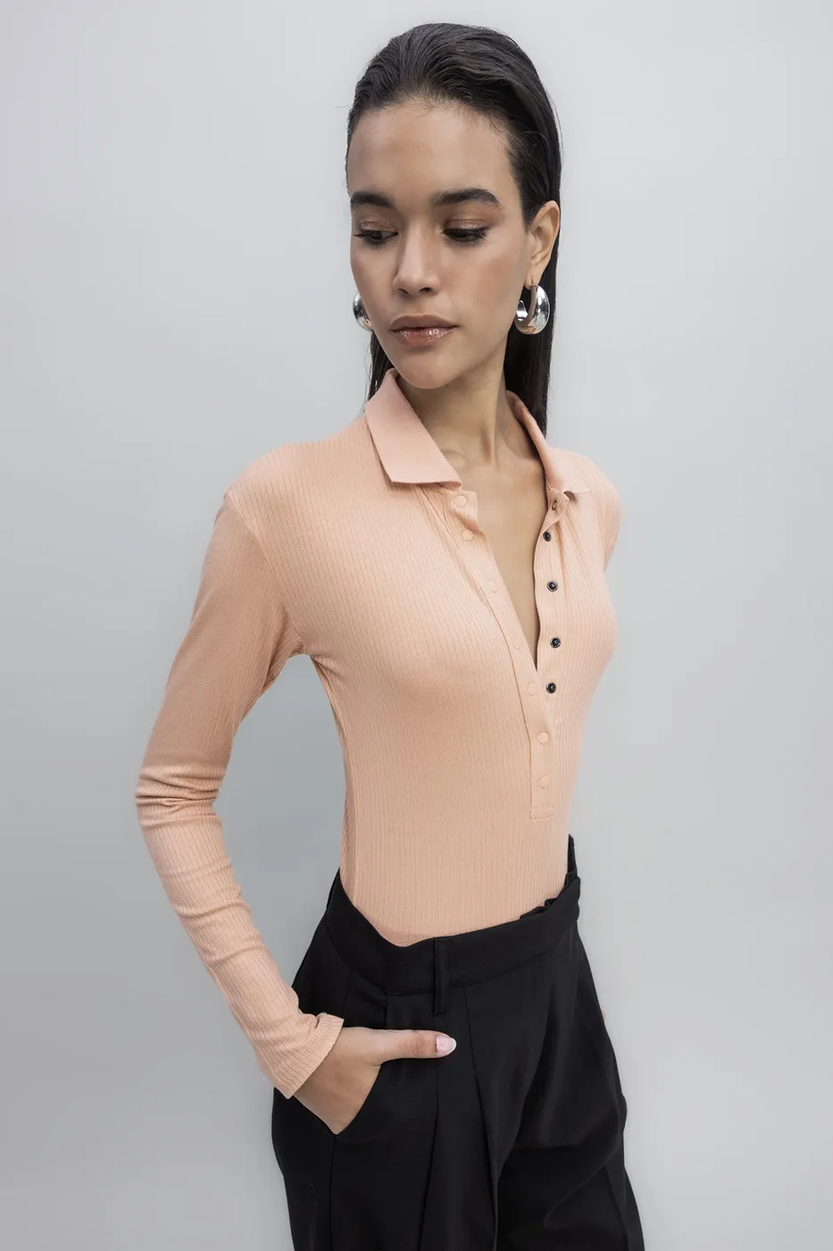 Bayan Somon Örgü Yakalı Bodysuit