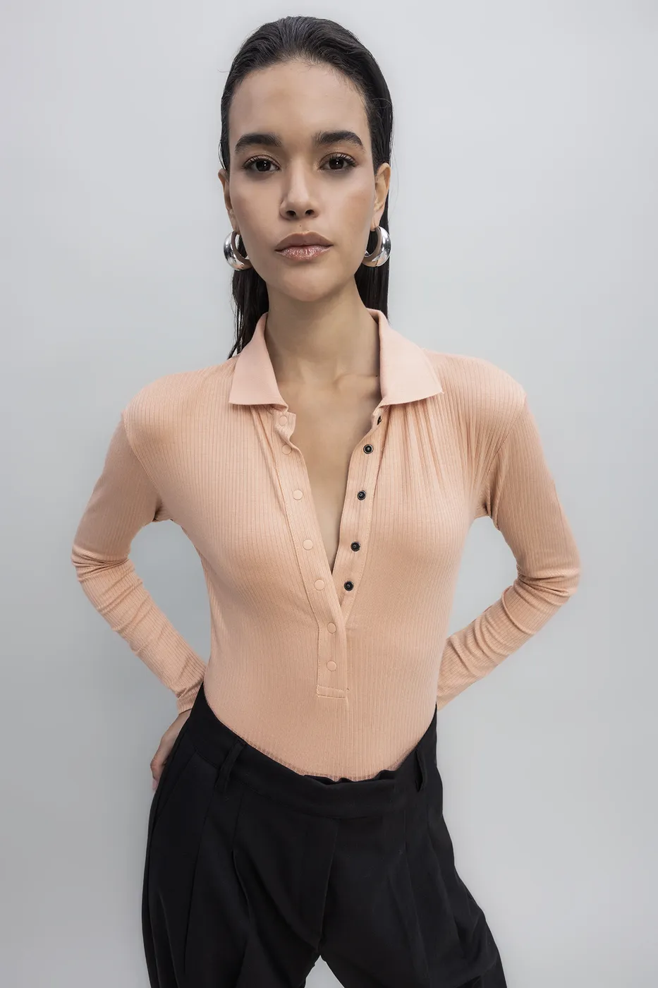 Bayan Somon Örgü Yakalı Bodysuit