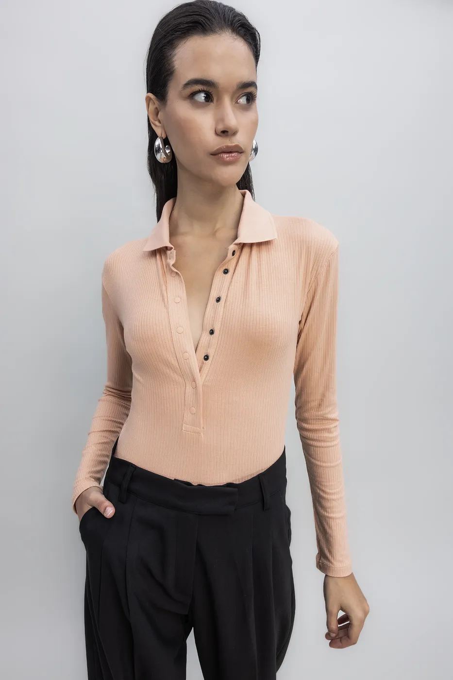 Bayan Somon Örgü Yakalı Bodysuit