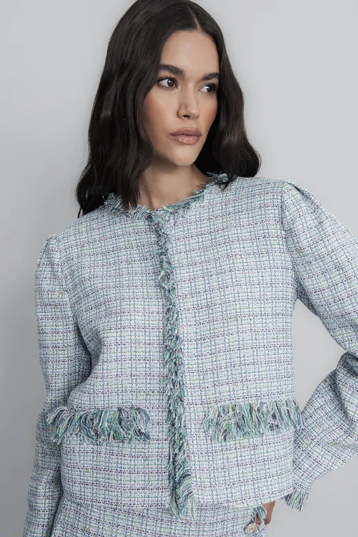 Bayan Mavi Tüvit Crop Ceket - BSL