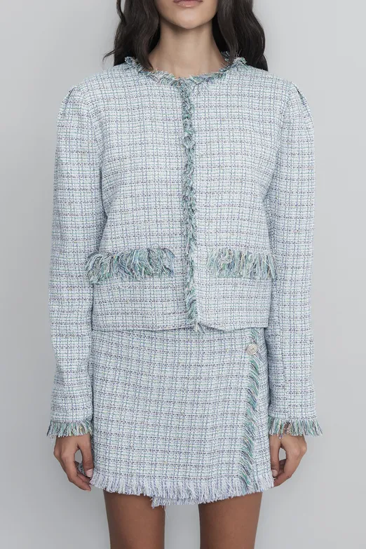 Bayan Mavi Tüvit Crop Ceket - BSL