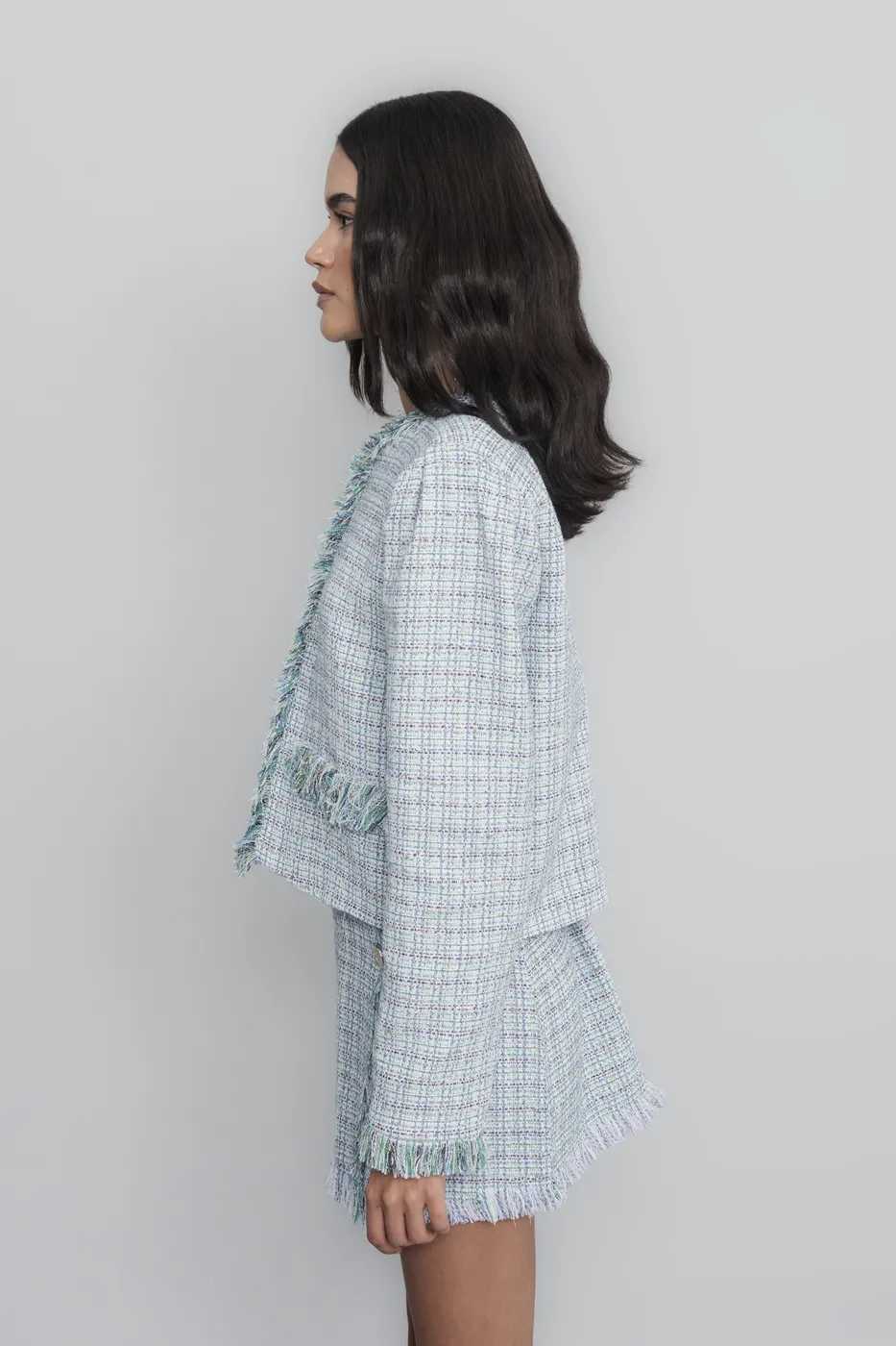 Bayan Mavi Tüvit Crop Ceket