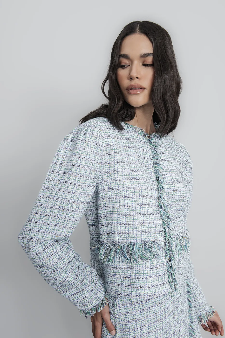 Bayan Mavi Tüvit Crop Ceket