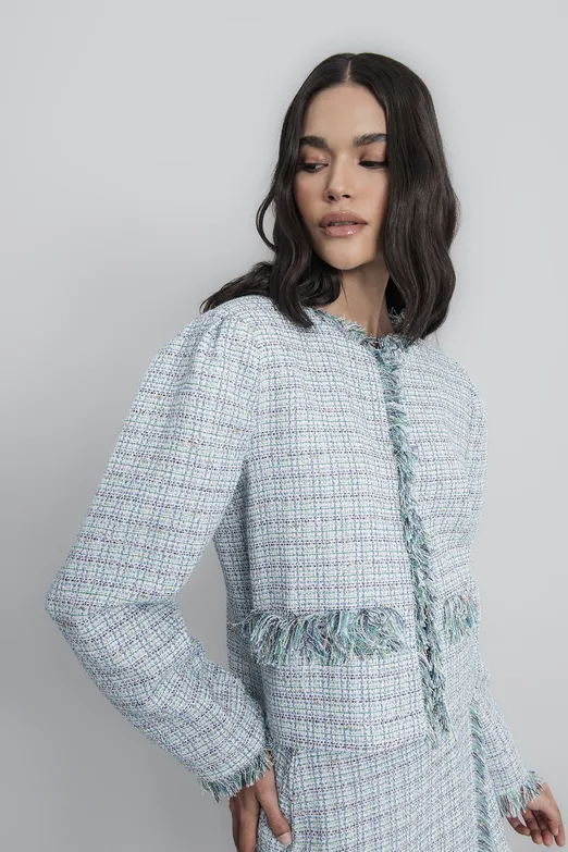 Bayan Mavi Tüvit Crop Ceket - BSL