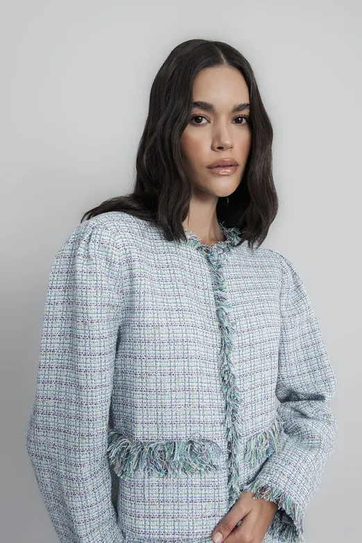 Bayan Mavi Tüvit Crop Ceket - BSL