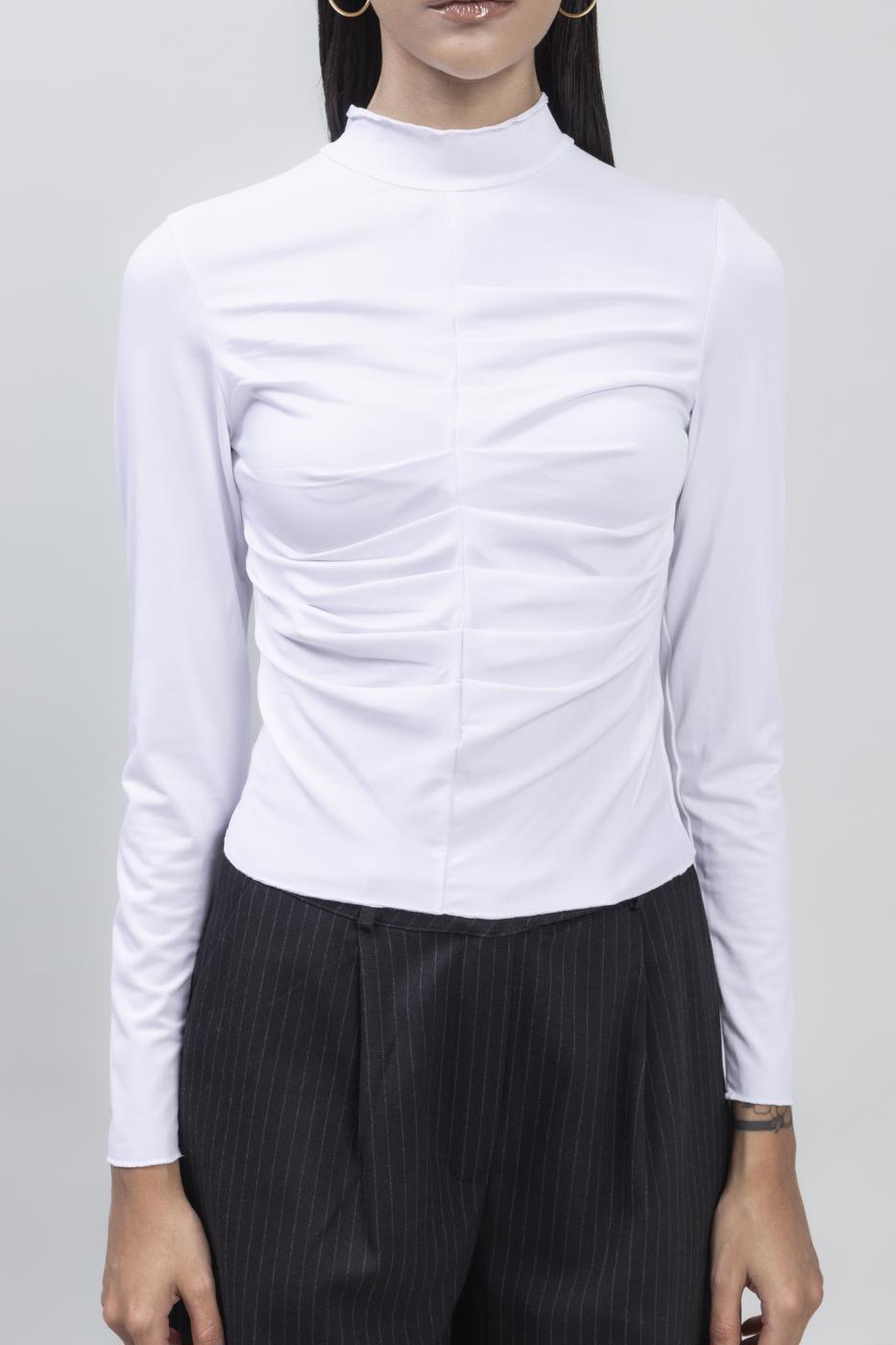 Bayan Beyaz Dik Yaka Drape Detaylı Top