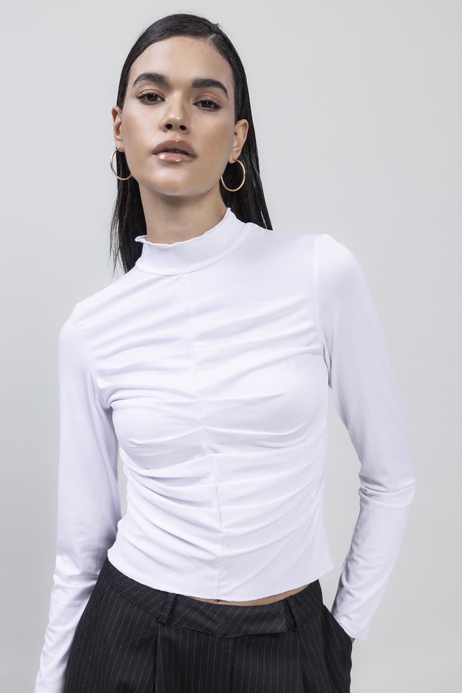 Bayan Beyaz Dik Yaka Drape Detaylı Top