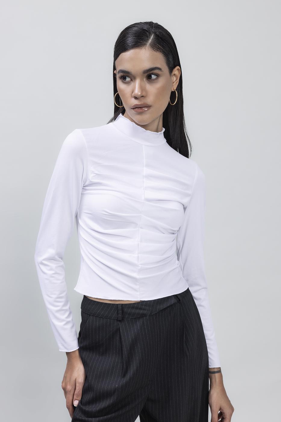 Bayan Beyaz Dik Yaka Drape Detaylı Top
