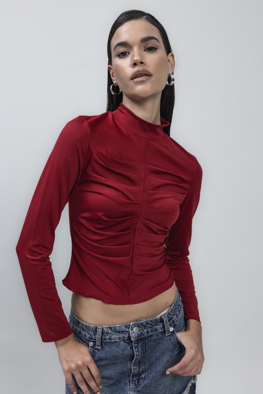 Bayan  Dik Yaka Drape Detaylı Top