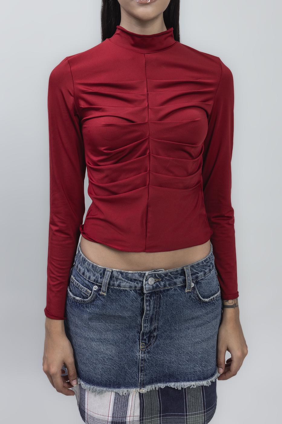 Bayan Bordo Dik Yaka Drape Detaylı Top