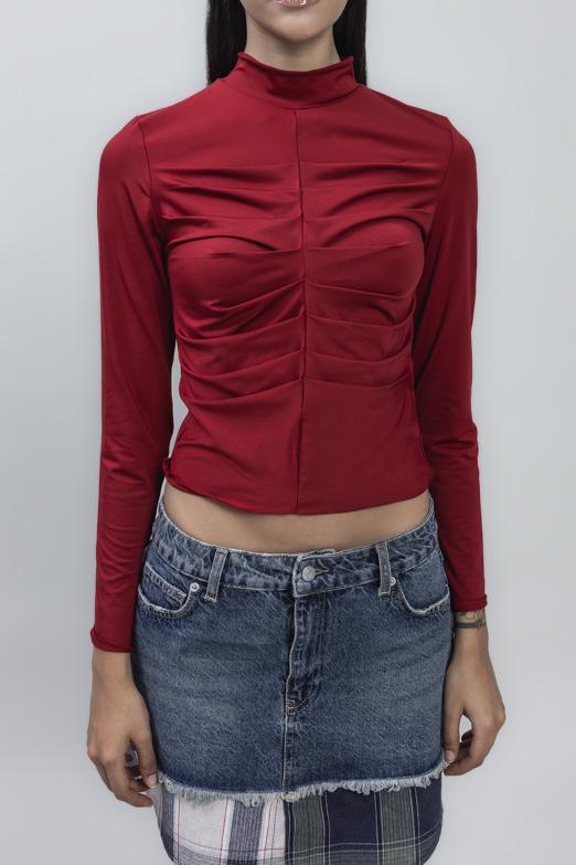 Bayan Bordo Dik Yaka Drape Detaylı Top - BSL