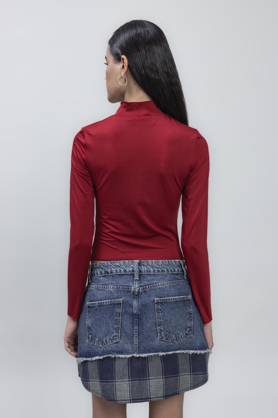 Bayan Bordo Dik Yaka Drape Detaylı Top