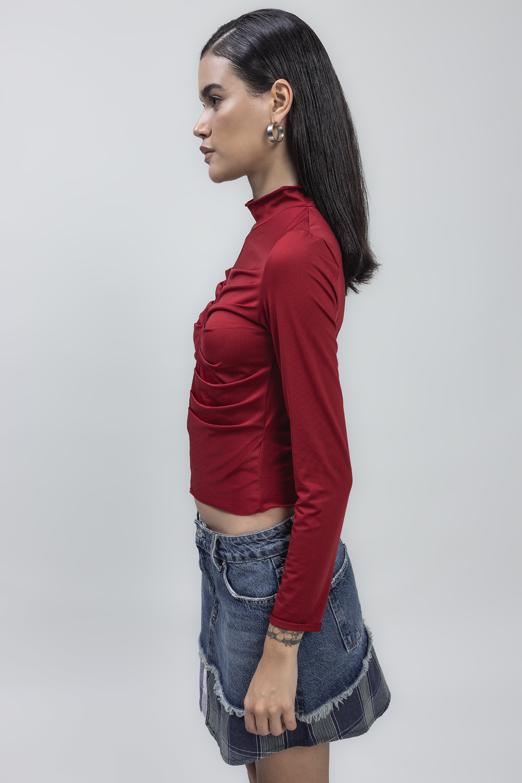 Bayan Bordo Dik Yaka Drape Detaylı Top - BSL