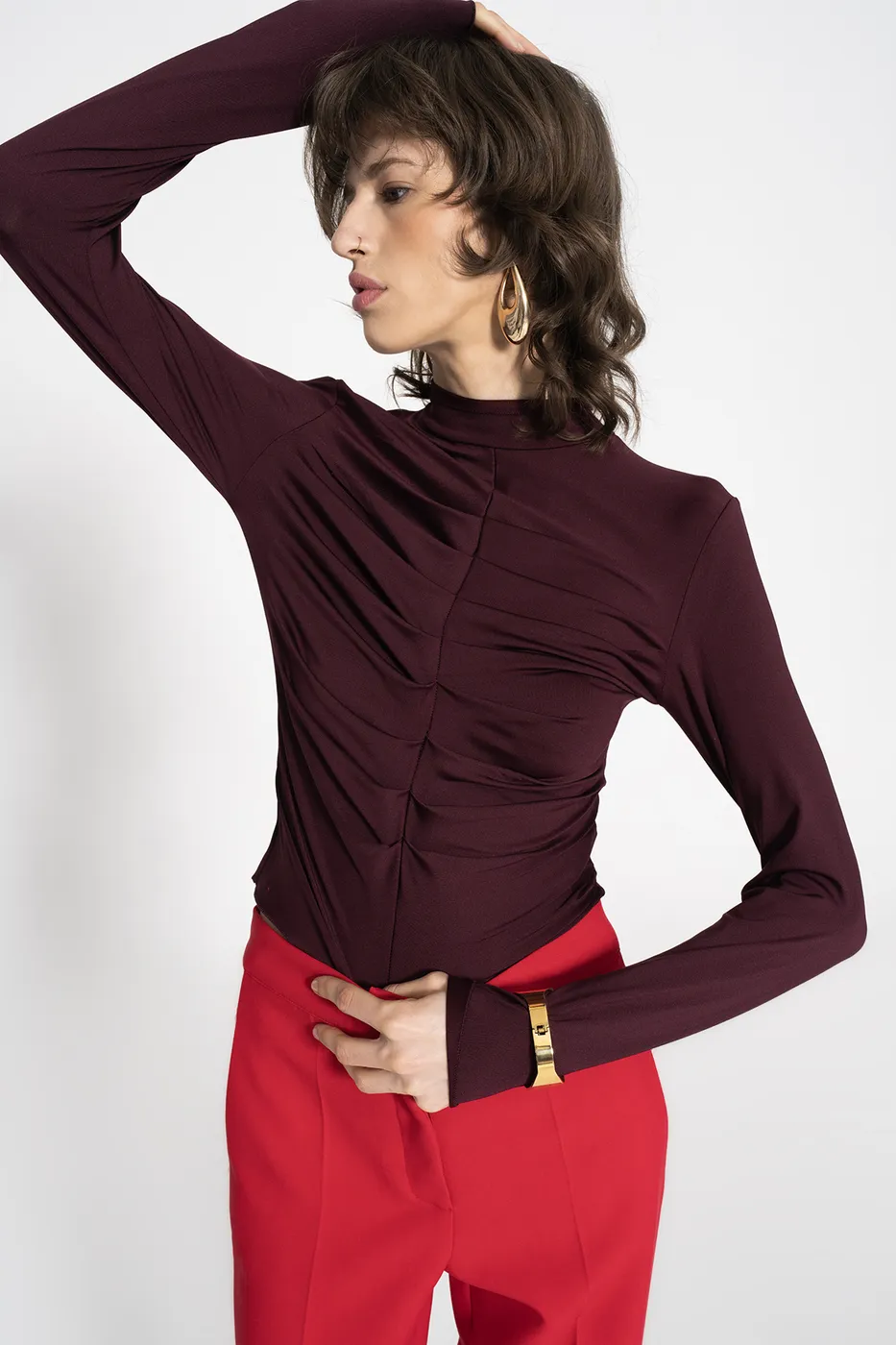 Bayan Mürdüm Dik Yaka Drape Detaylı Top