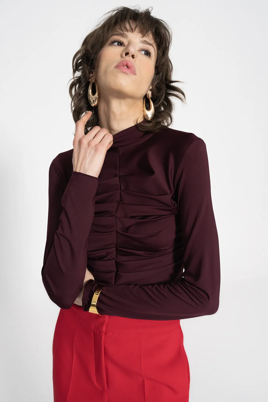 Bayan Mürdüm Dik Yaka Drape Detaylı Top