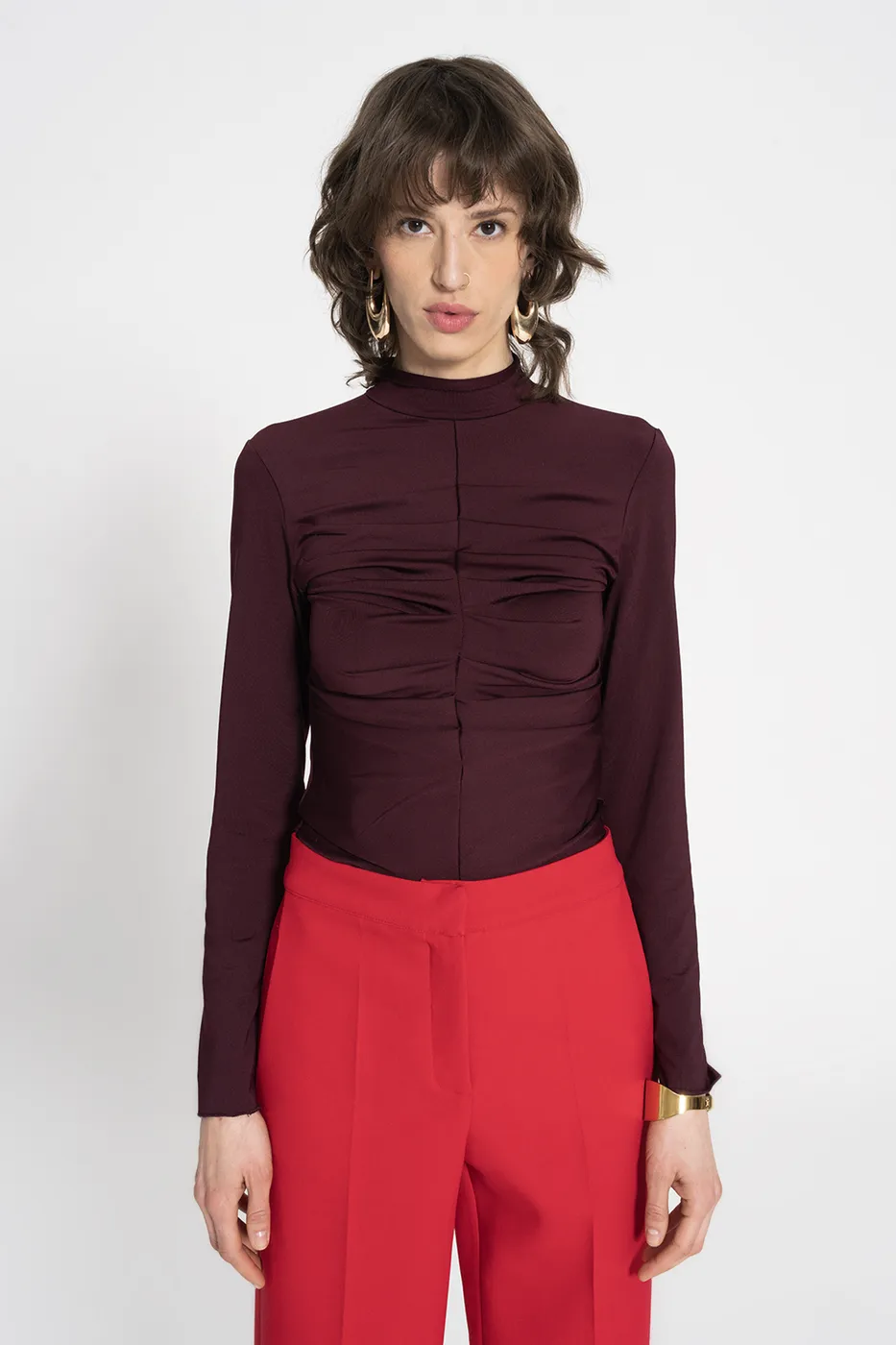 Bayan Mürdüm Dik Yaka Drape Detaylı Top