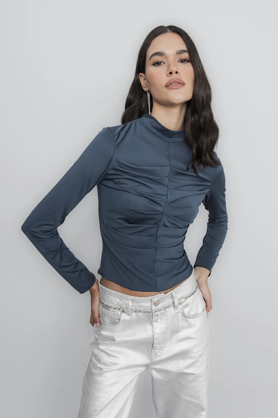 Bayan Yeşil Dik Yaka Drape Detaylı Top