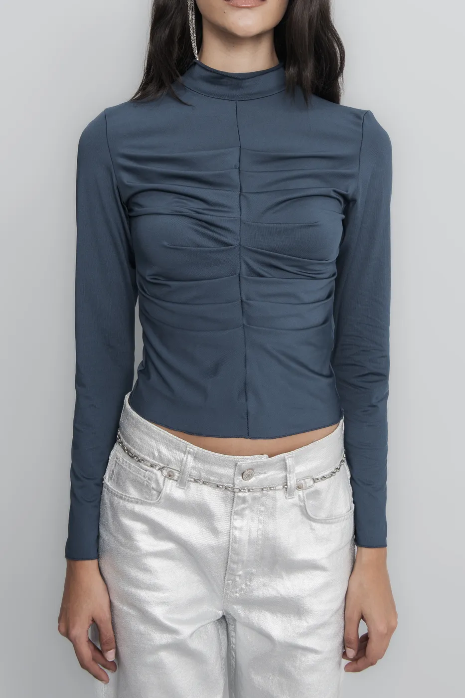 Bayan Yeşil Dik Yaka Drape Detaylı Top