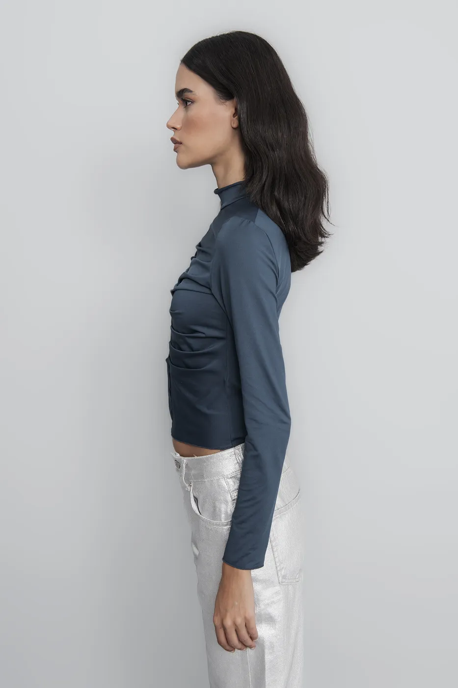 Bayan Yeşil Dik Yaka Drape Detaylı Top