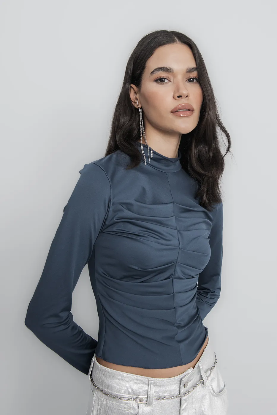 Bayan Yeşil Dik Yaka Drape Detaylı Top