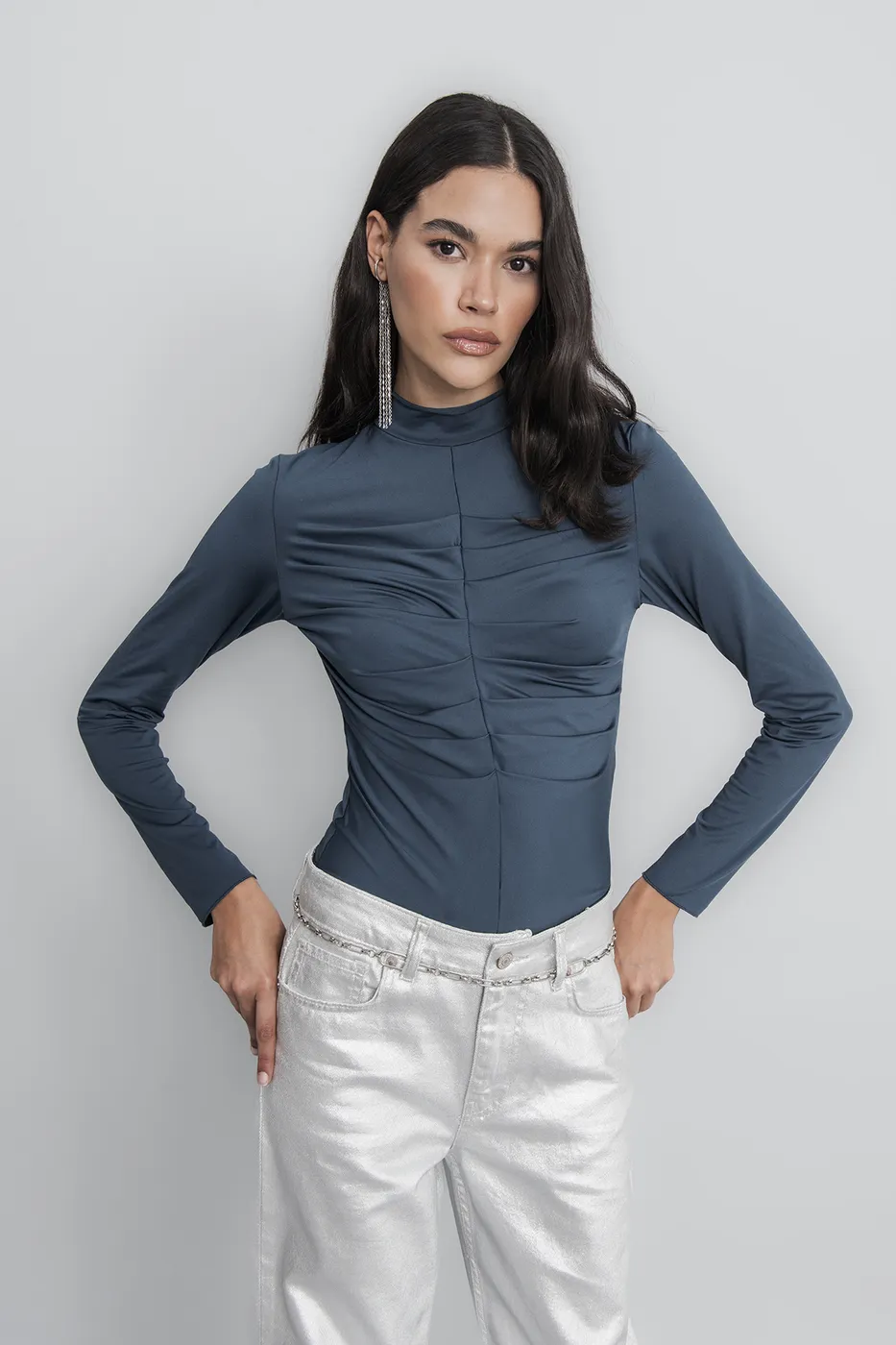 Bayan Yeşil Dik Yaka Drape Detaylı Top