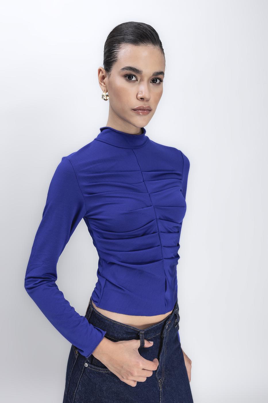 Bayan Sax Dik Yaka Drape Detaylı Top