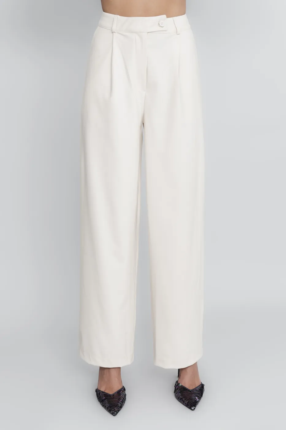 Bayan Ekru Yüksek Bel Klasik Kumaş Pantolon