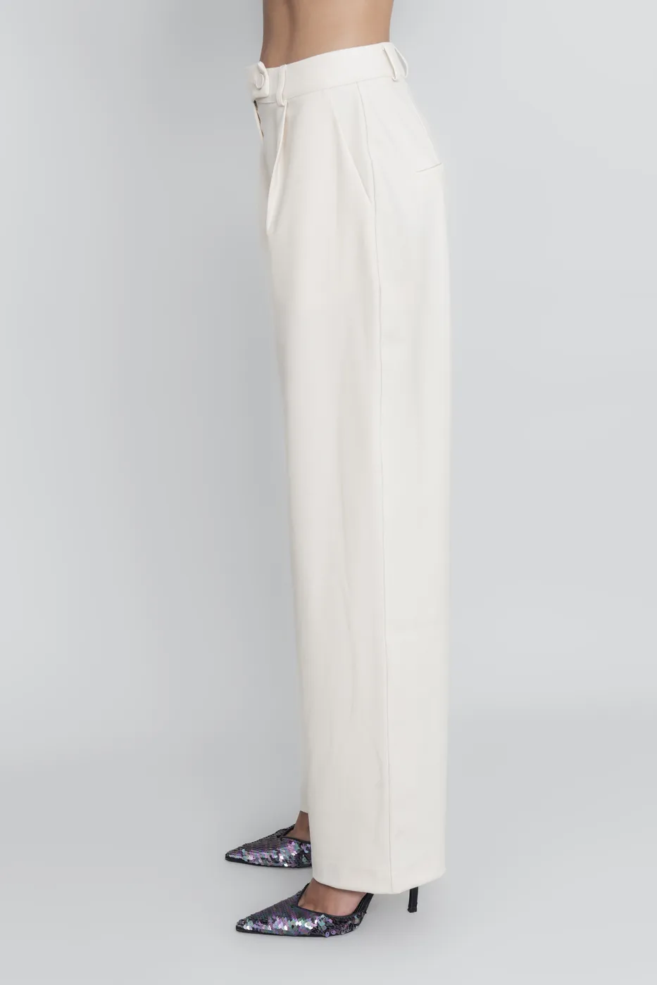 Bayan Ekru Yüksek Bel Klasik Kumaş Pantolon