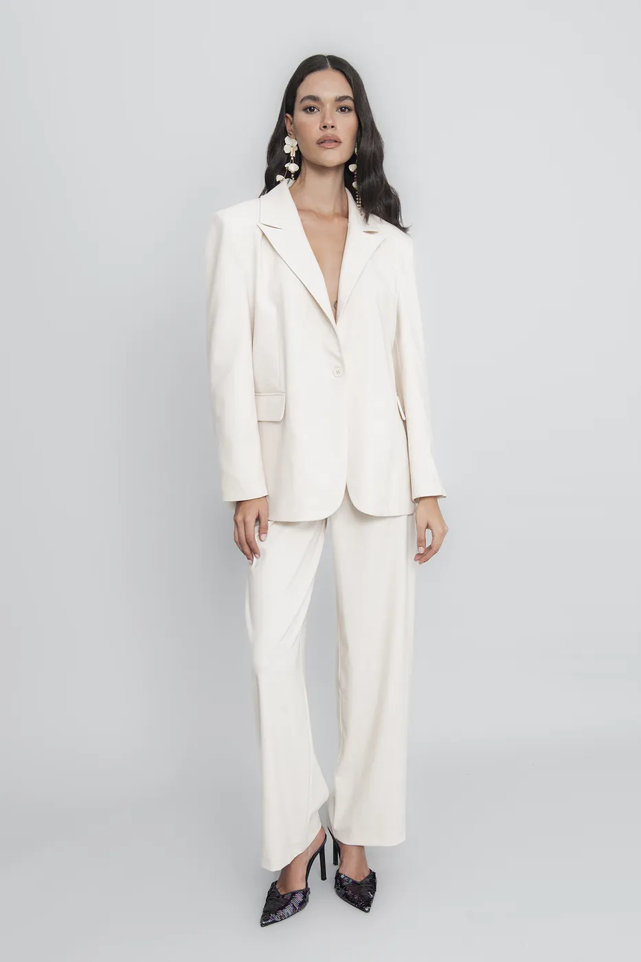 Bayan Ekru Yüksek Bel Klasik Kumaş Pantolon