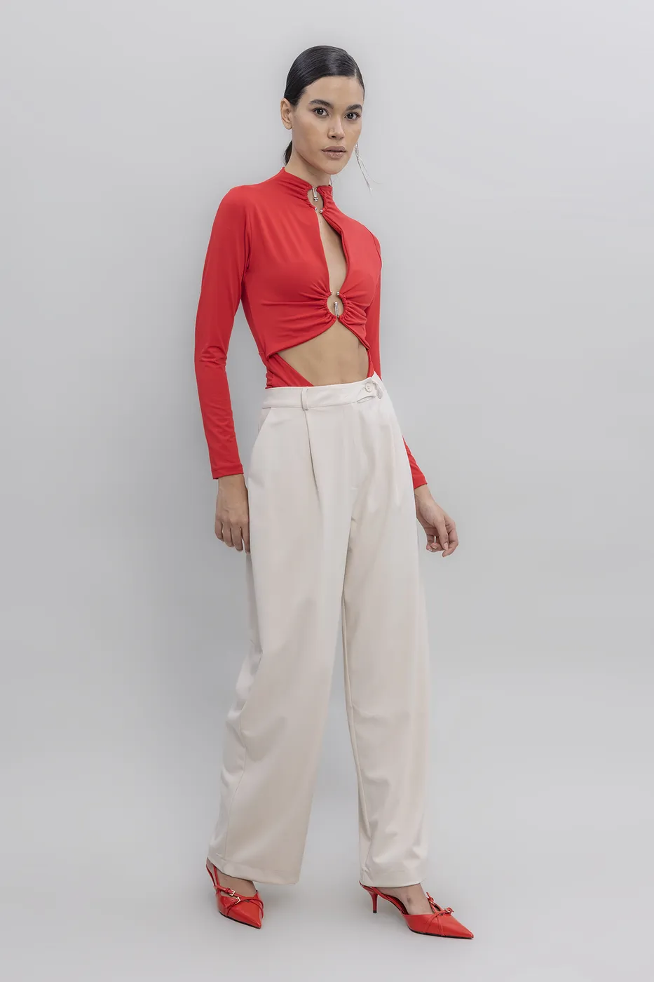 Bayan Krem Yüksek Bel Klasik Kumaş Pantolon