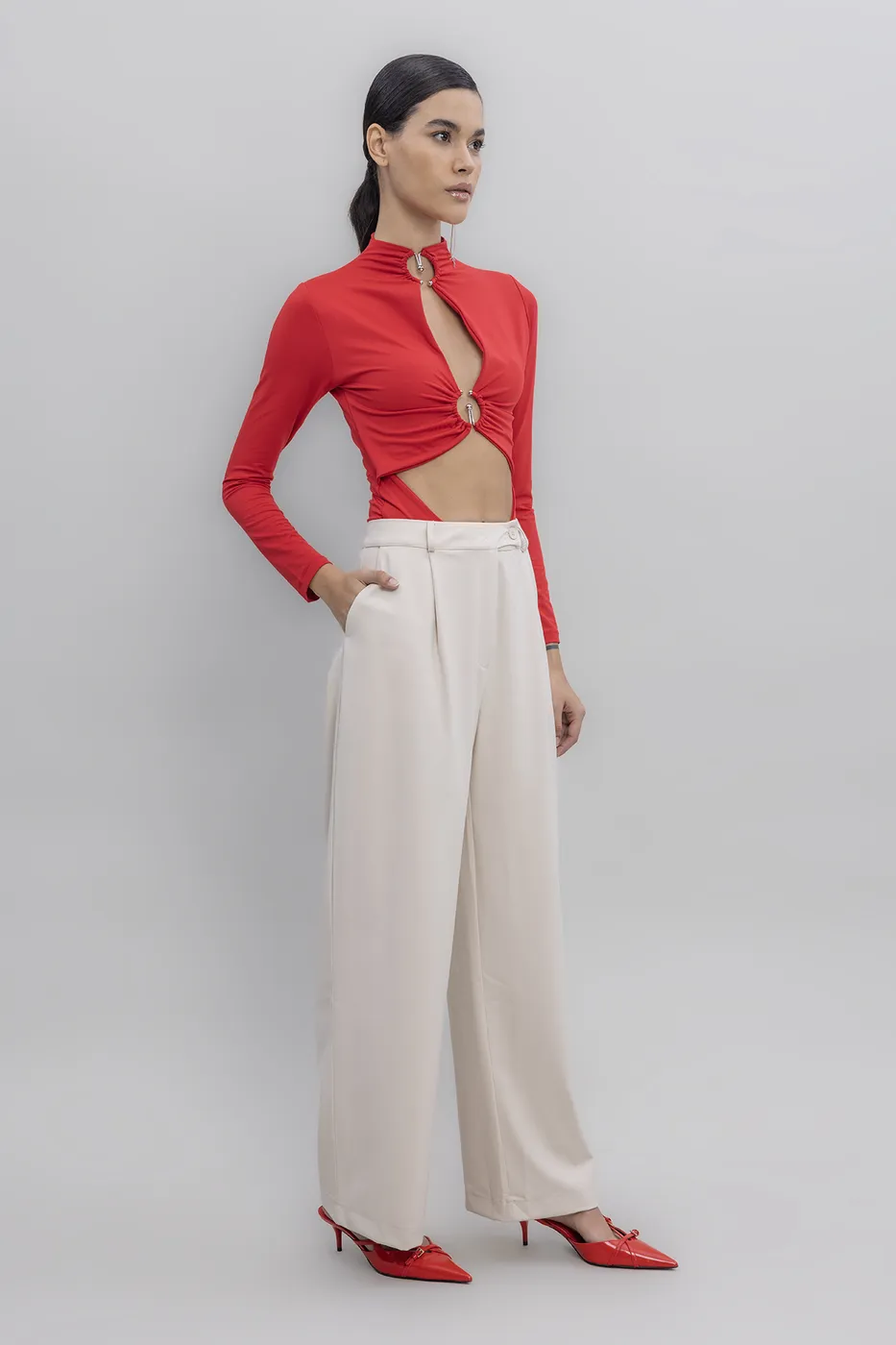 Bayan Krem Yüksek Bel Klasik Kumaş Pantolon